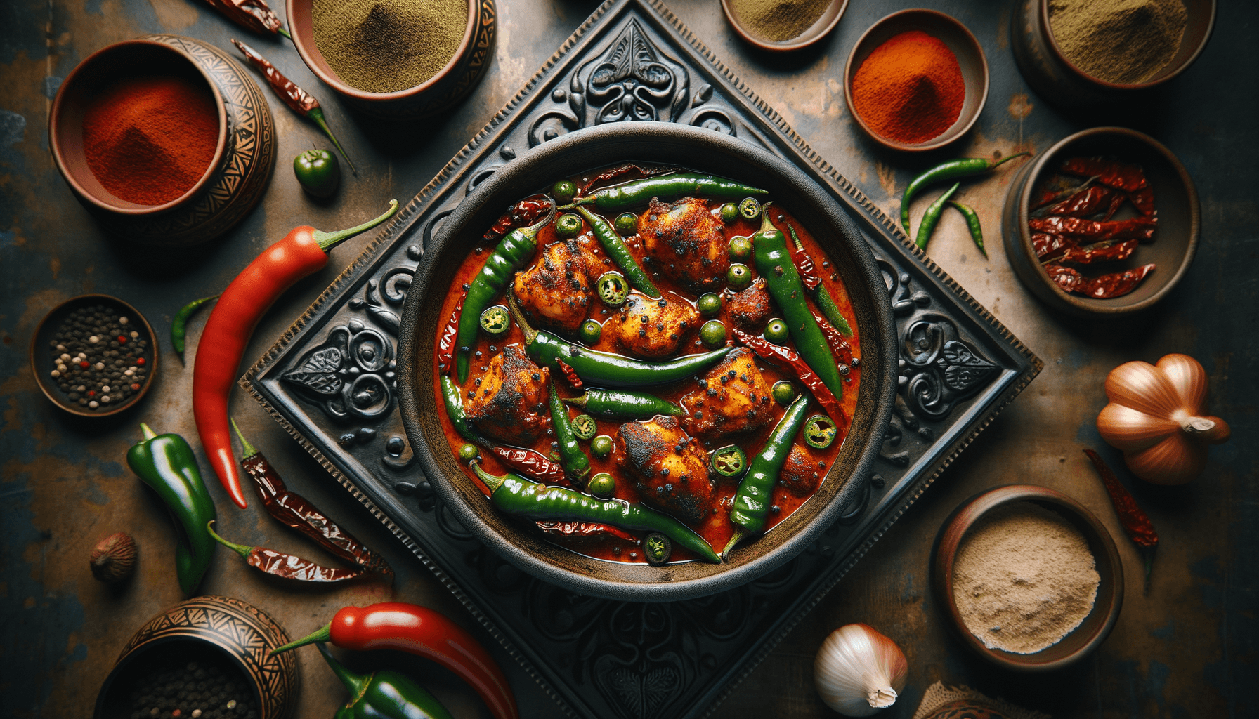 depicts a cooked recipe for spicy chicken and green pepper masala