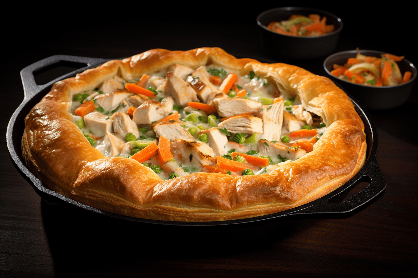 depicts a cooked recipe for classic chicken pot pie