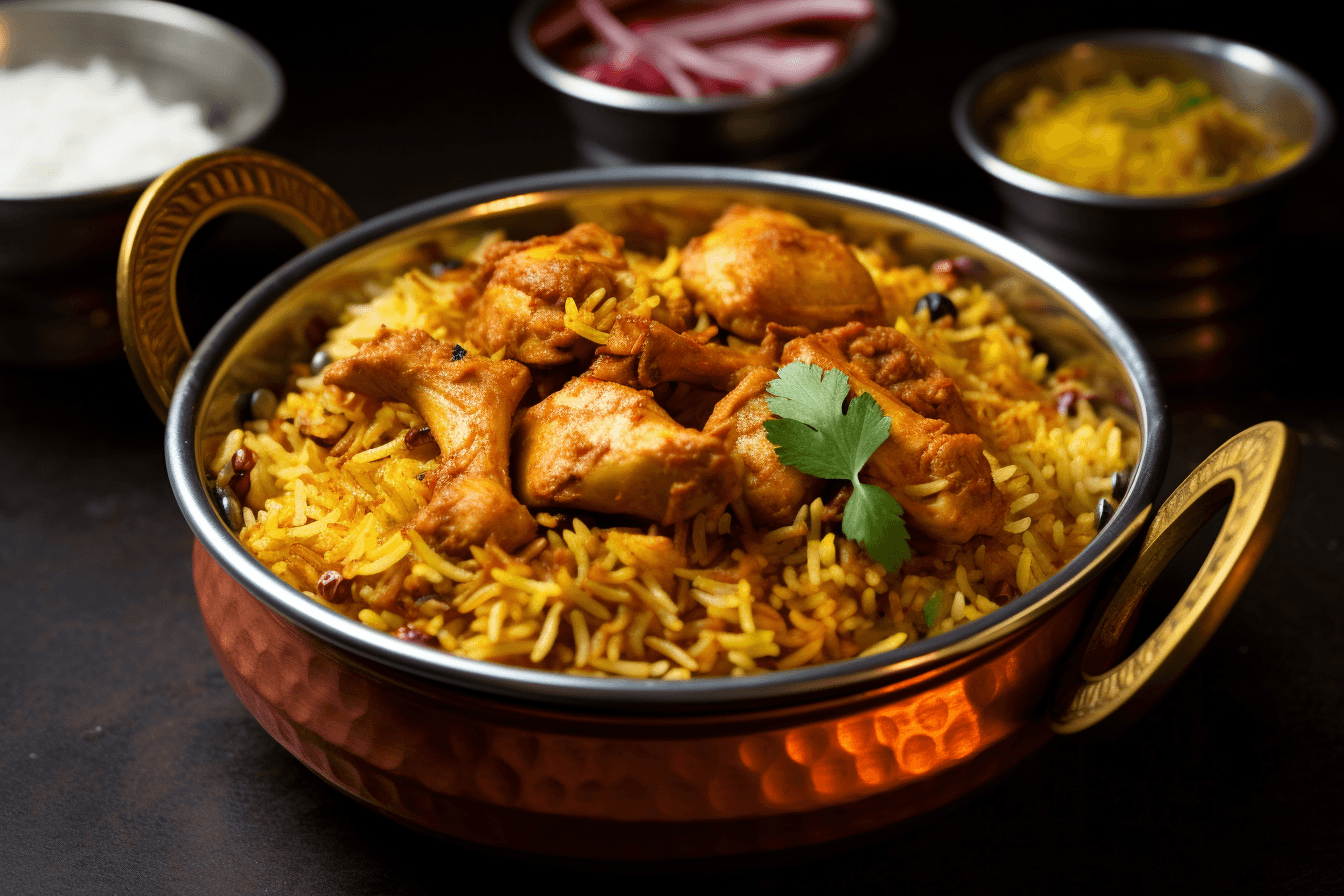 depicts a cooked recipe for chicken biryani