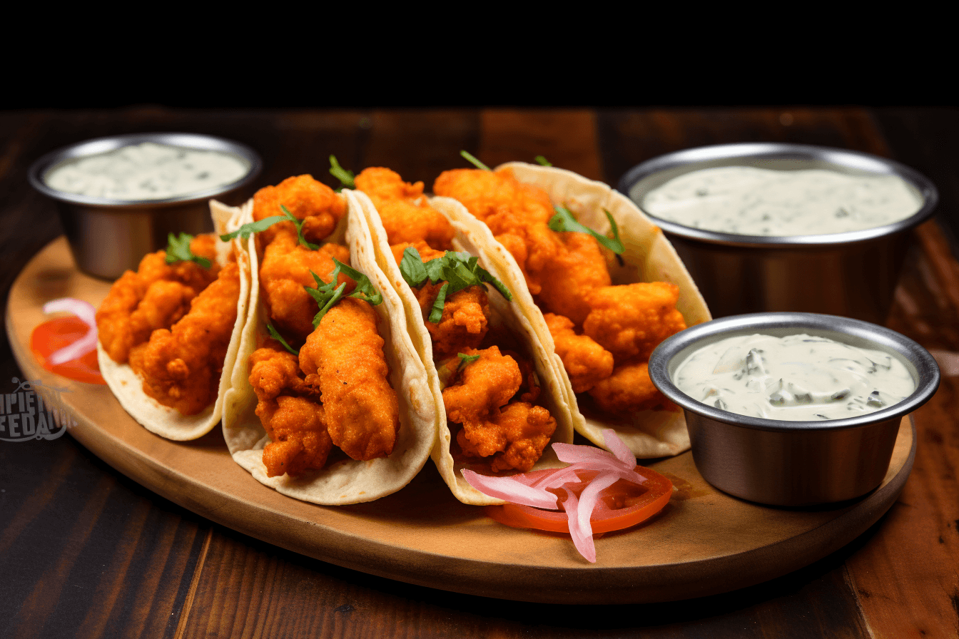 depicts a cooked recipe for spicy buffalo cauliflower tacos