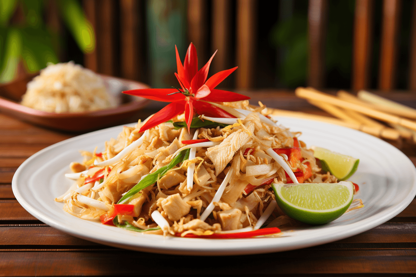 depicts a cooked recipe for chicken pad thai