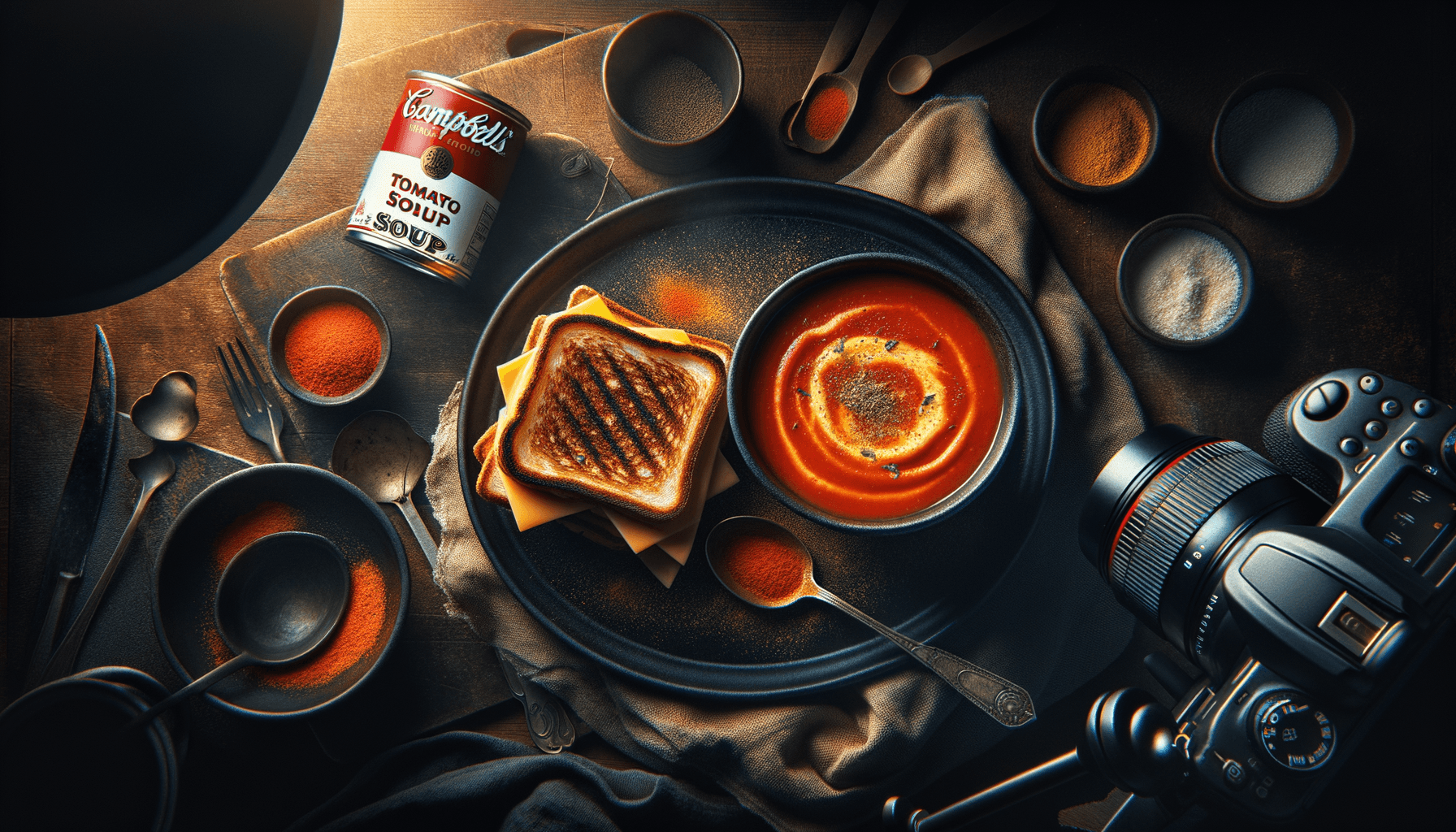 depicts a cooked recipe for spicy campbell tomato soup grilled cheese