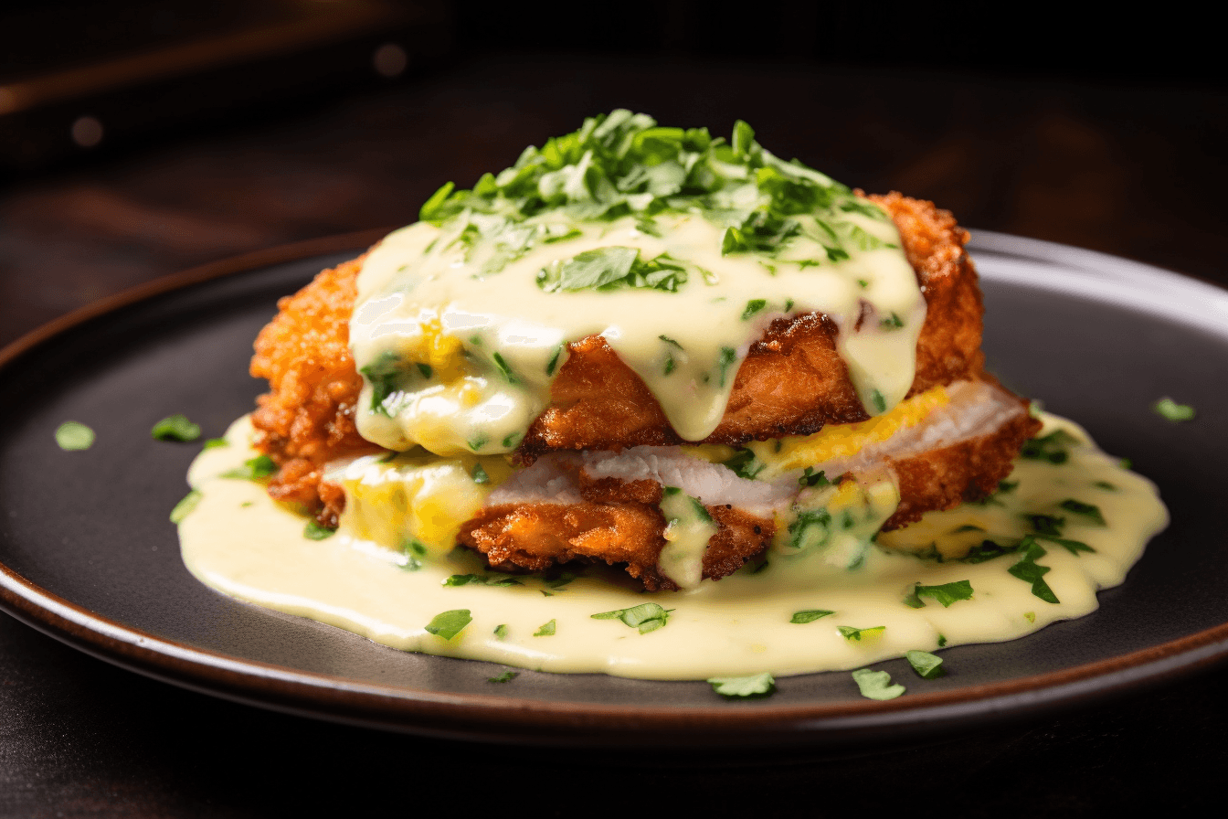 depicts a cooked recipe for parmesan crusted chicken with parmesan cream sauce and chimichurri crust