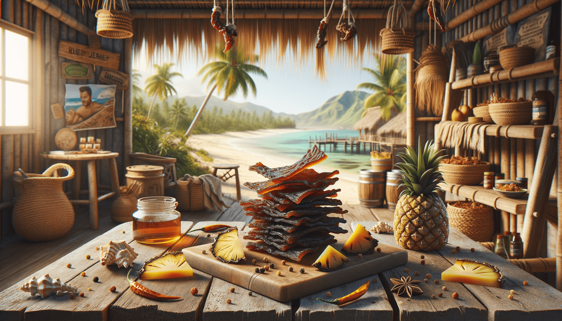 depicts a cooked recipe for dehydrated pineapple honey bourbon scorpion pepper beef jerky