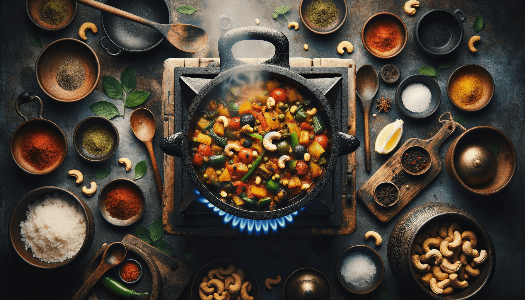 depicts a cooked recipe for smoky vegetable and cashew butter masala (high flame burner version)