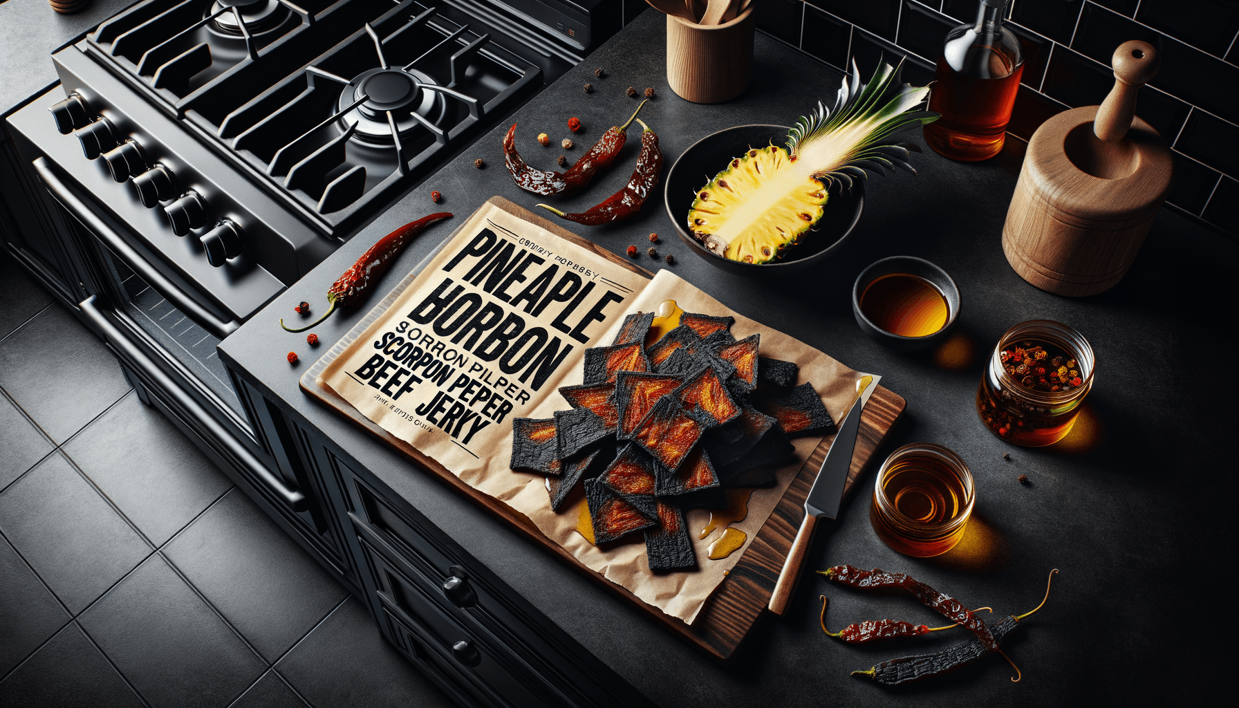 depicts a cooked recipe for fresh pineapple honey bourbon scorpion pepper beef jerky