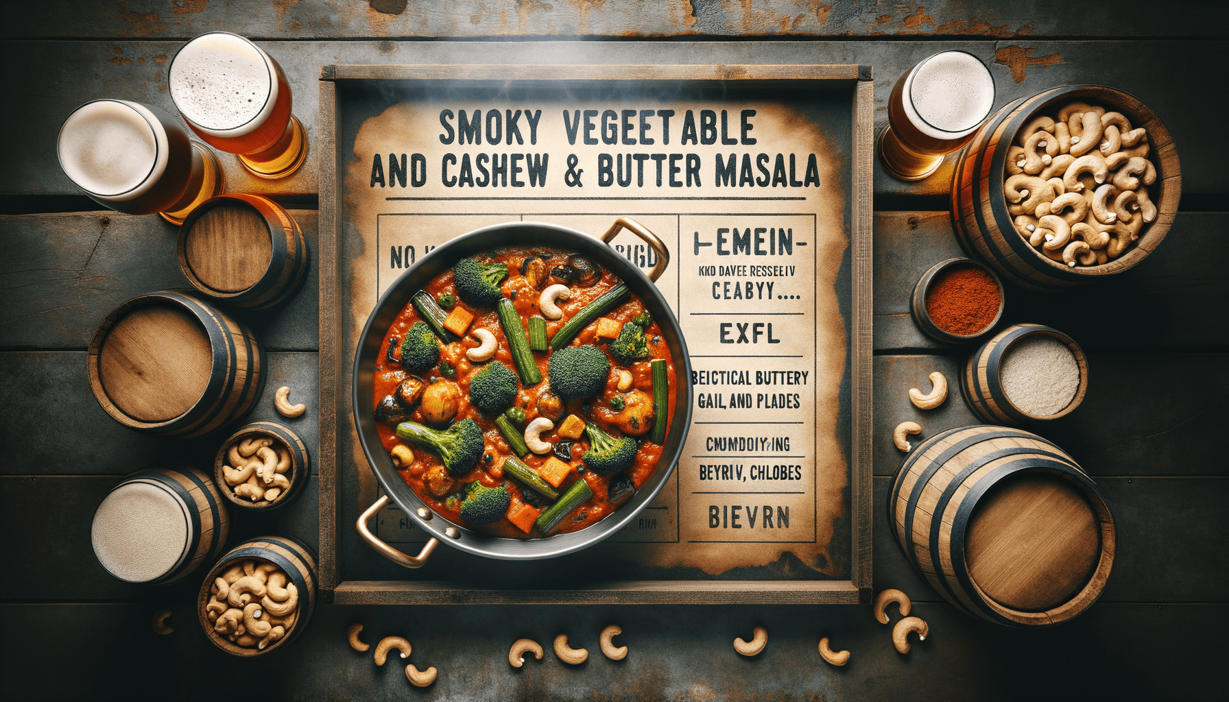 depicts a cooked recipe for smoky vegetable and cashew butter masala (garlic and clove-free)