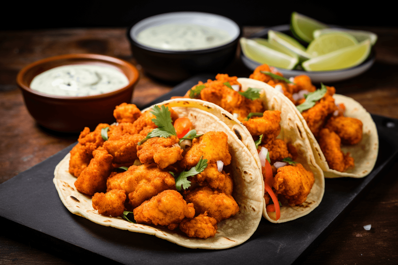 depicts a cooked recipe for buffalo cauliflower tacos