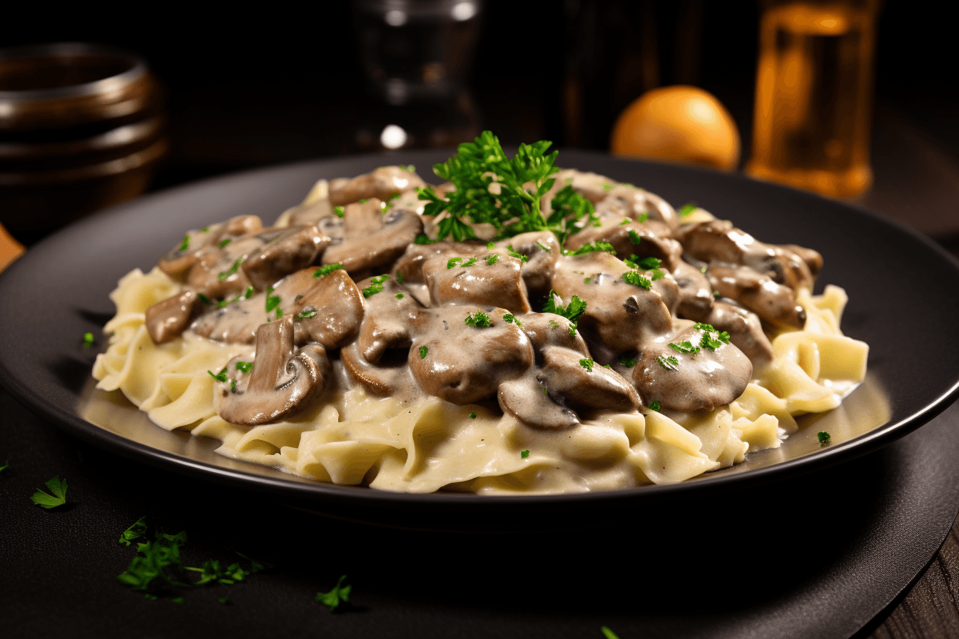 depicts a cooked recipe for beef stroganoff