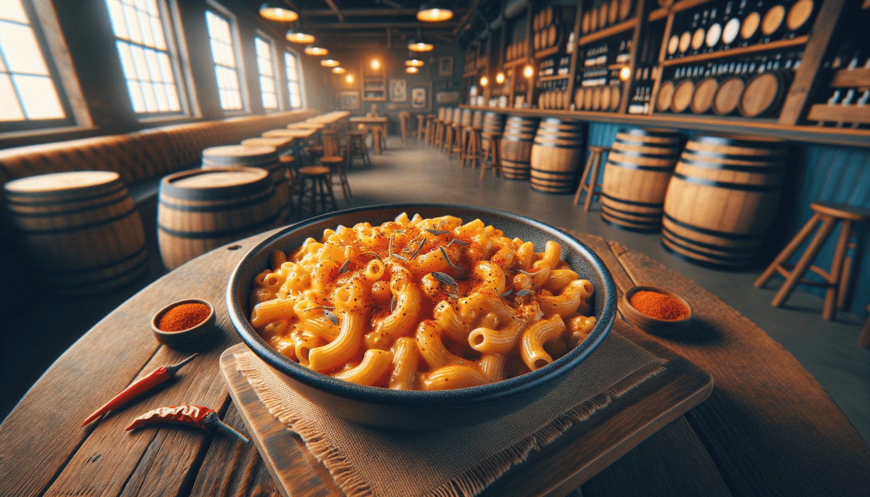 depicts a cooked recipe for spicy krafty mac n' cheese