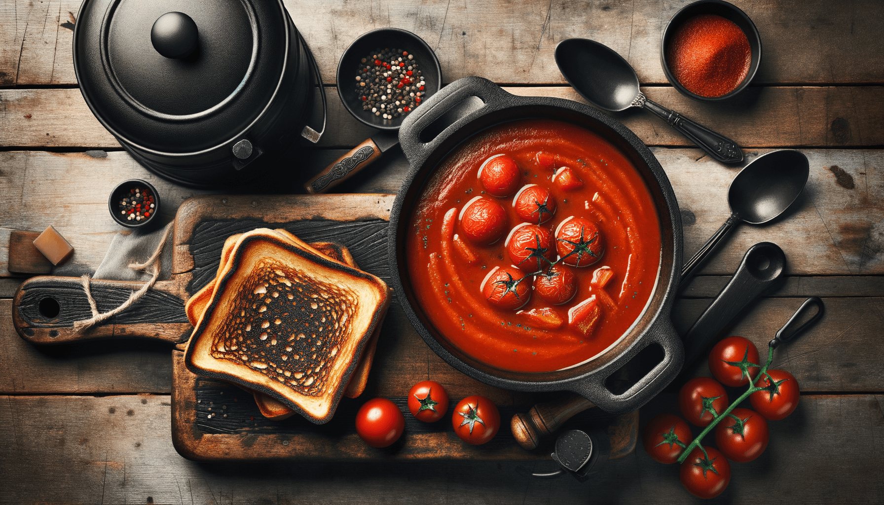 depicts a cooked recipe for slow-cooked spicy tomato soup grilled cheese