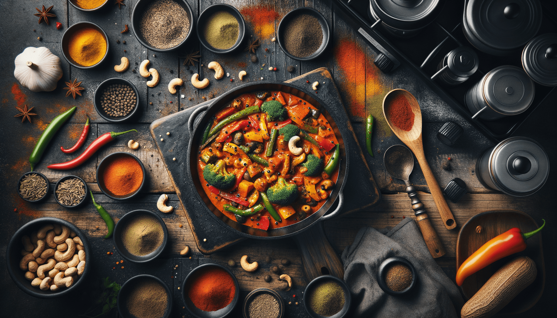 depicts a cooked recipe for spicy vegetable and cashew butter masala