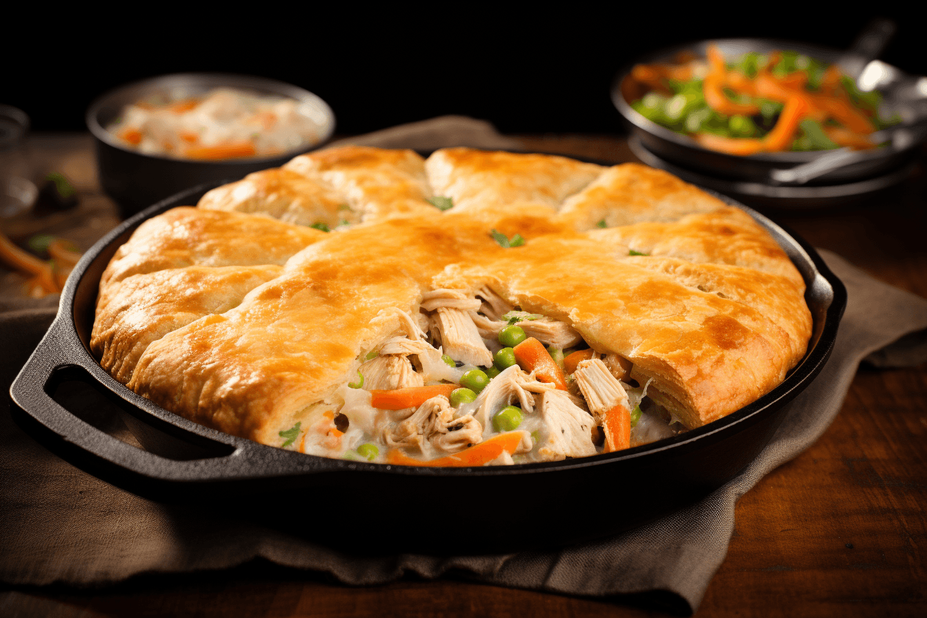 depicts a cooked recipe for gluten-free and dairy-free chicken pot pie