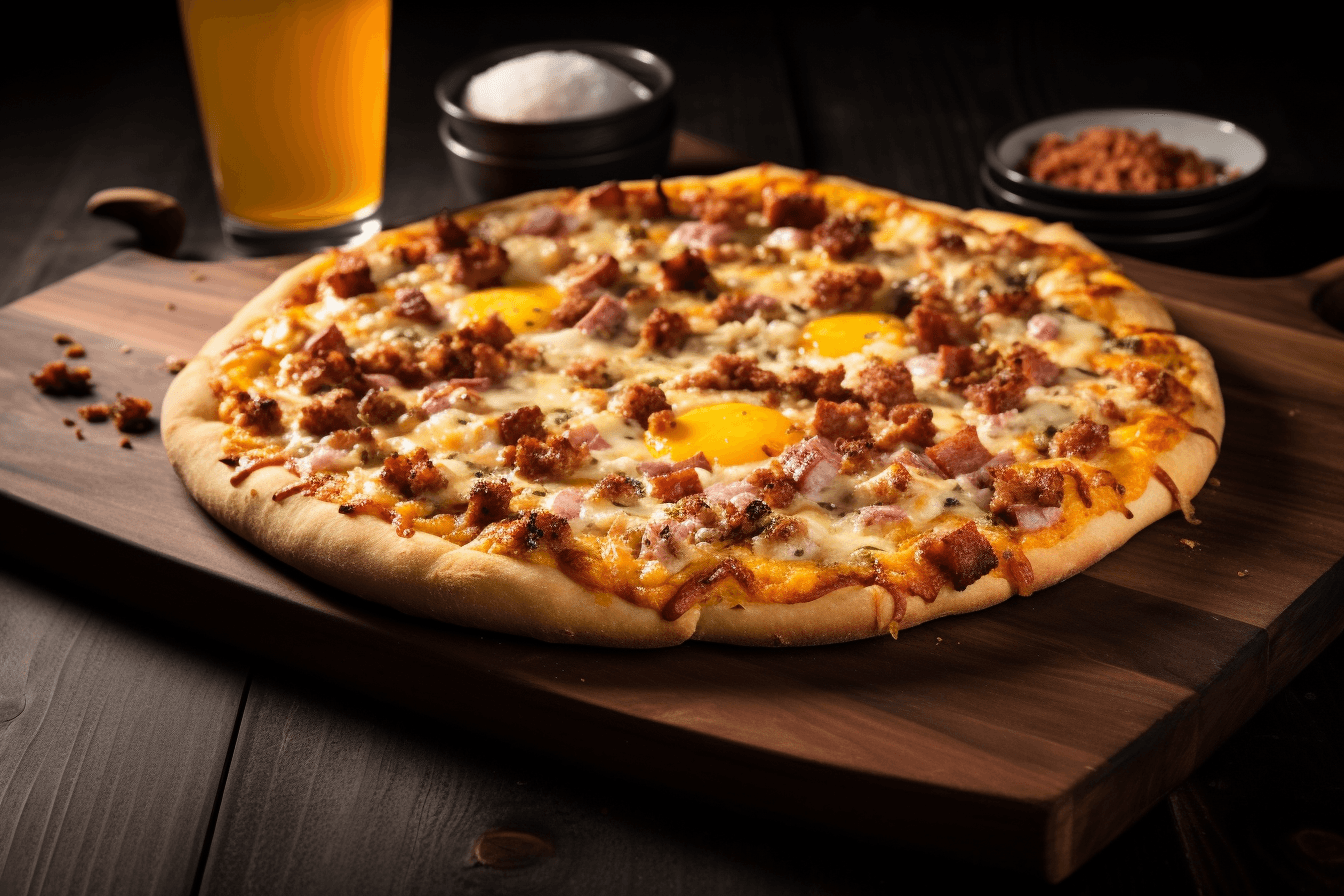 depicts a cooked recipe for jack daniels breakfast pizza