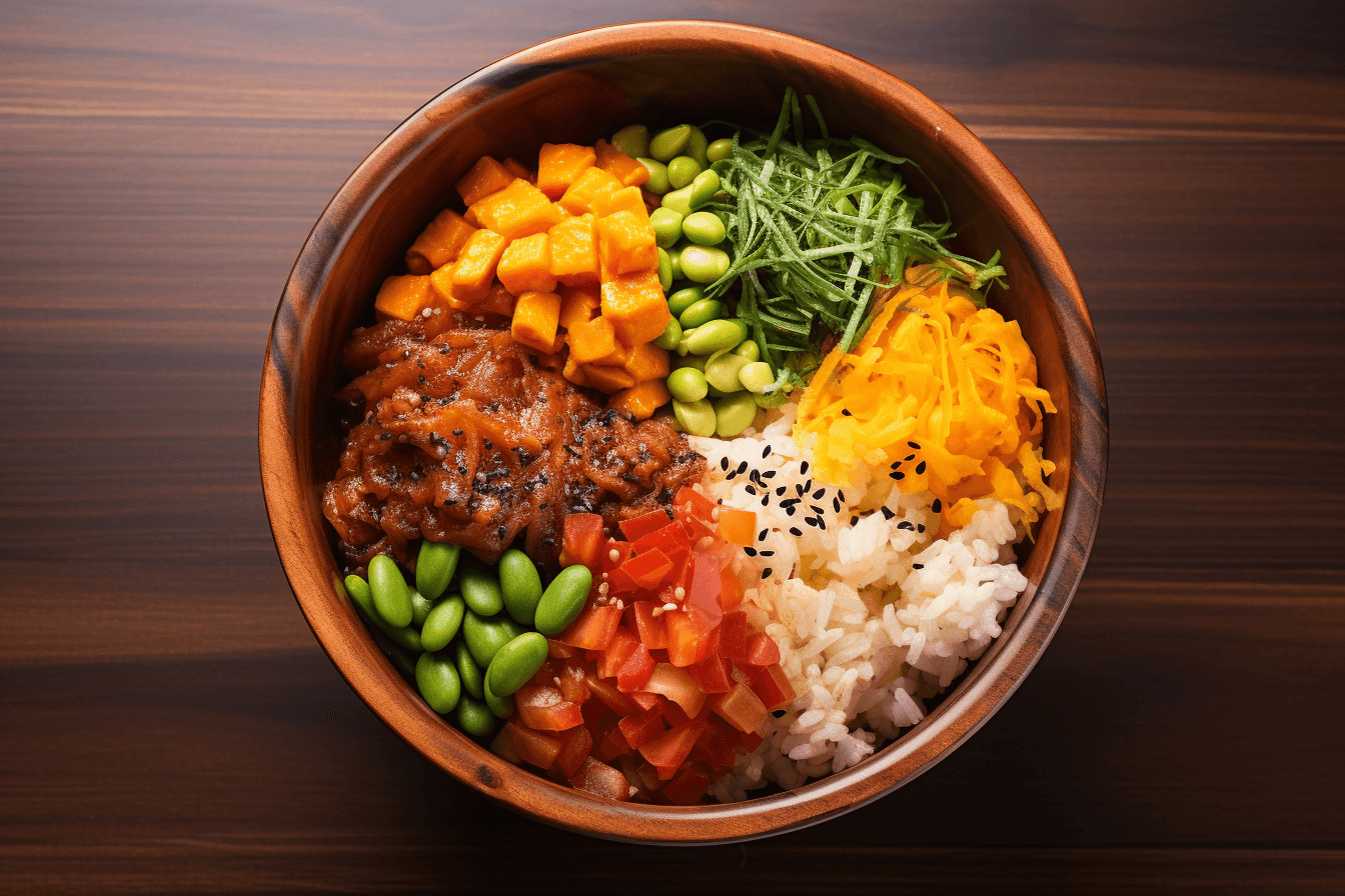 depicts a cooked recipe for spicy tuna poke bowl