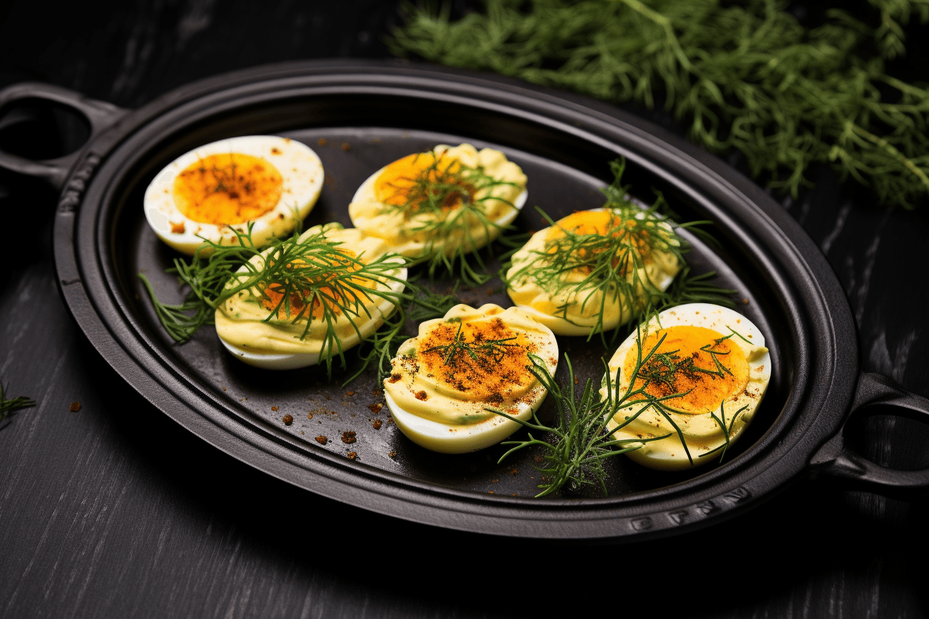 depicts a cooked recipe for classic deviled eggs