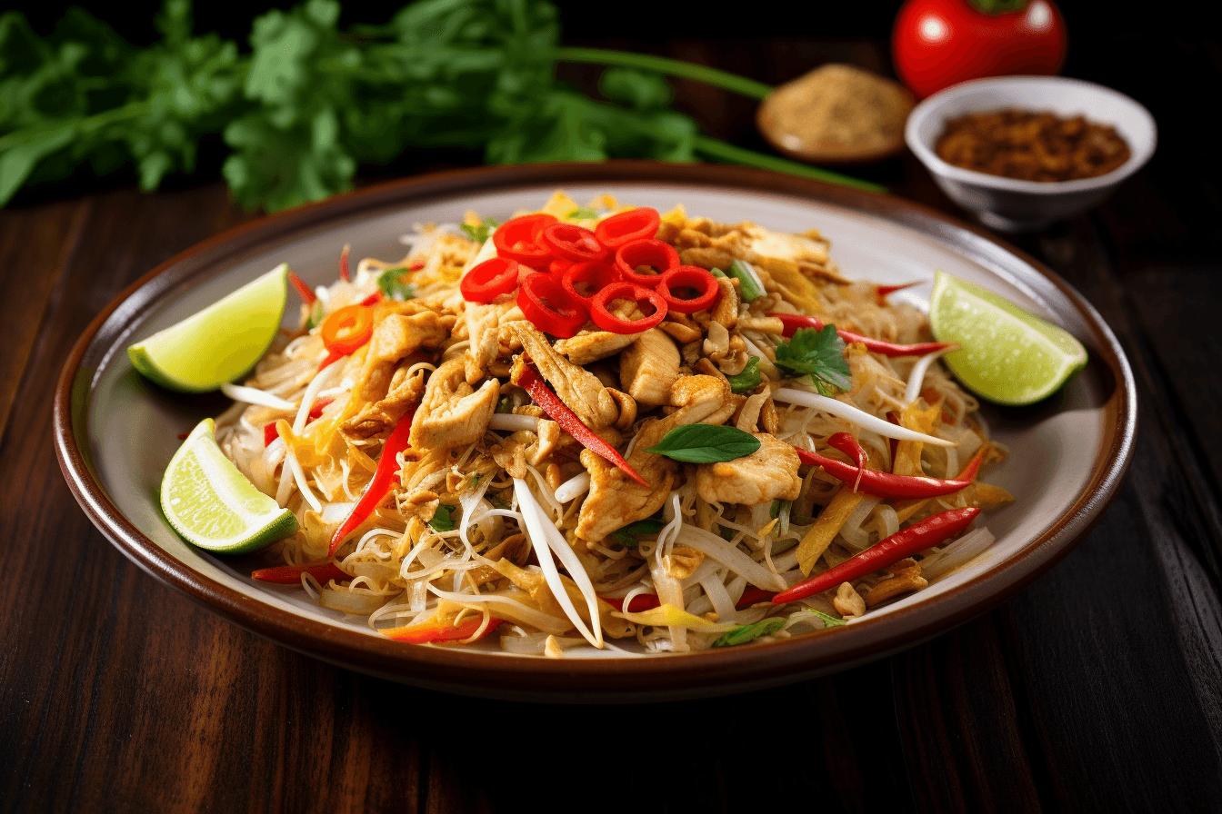 depicts a cooked recipe for sesame chicken pad thai
