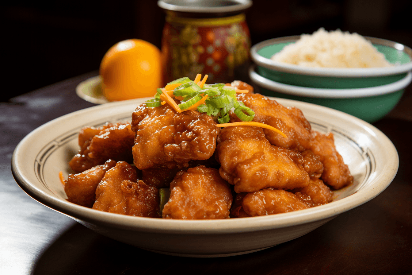 depicts a cooked recipe for tallow-fried orange chicken