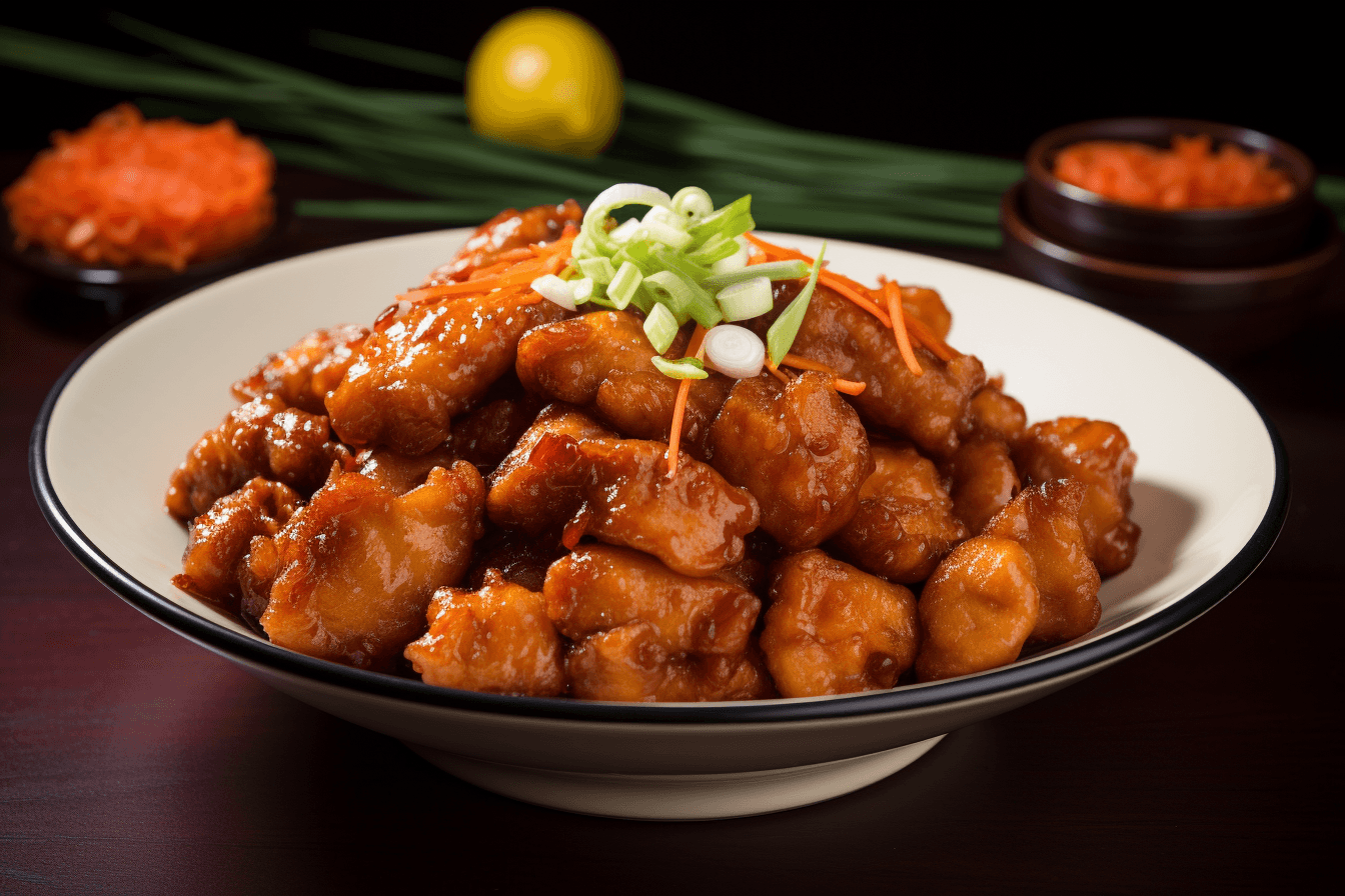 depicts a cooked recipe for orange chicken