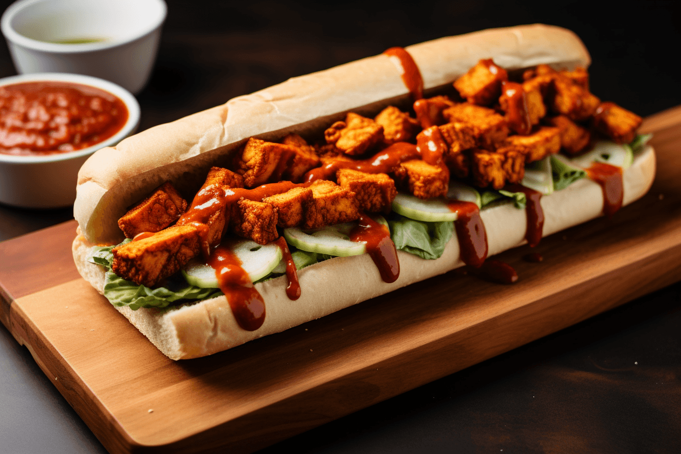 depicts a cooked recipe for crispy vegan fried tofu po boy