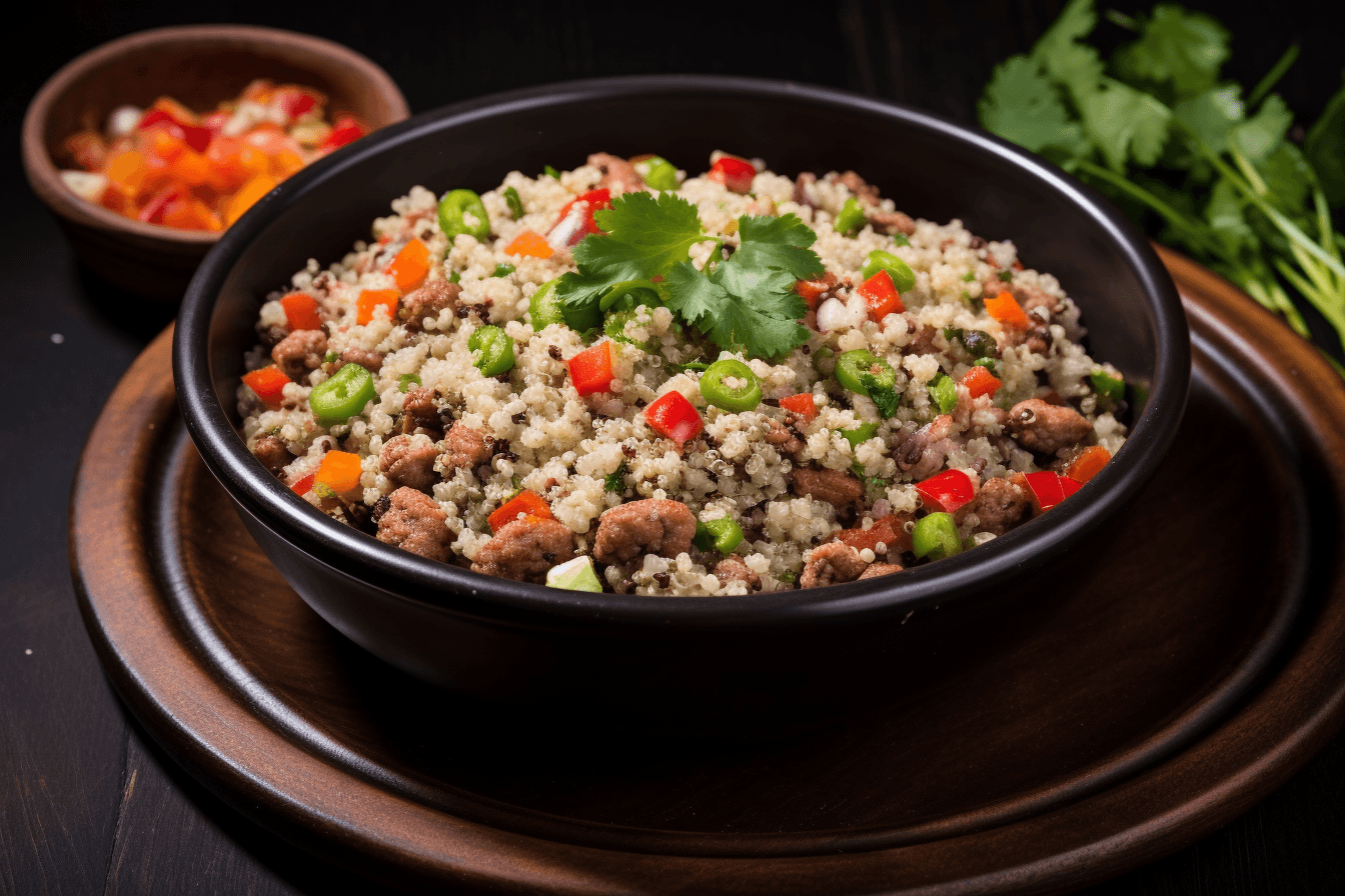 depicts a cooked recipe for white quinoa, red beans, and sausage