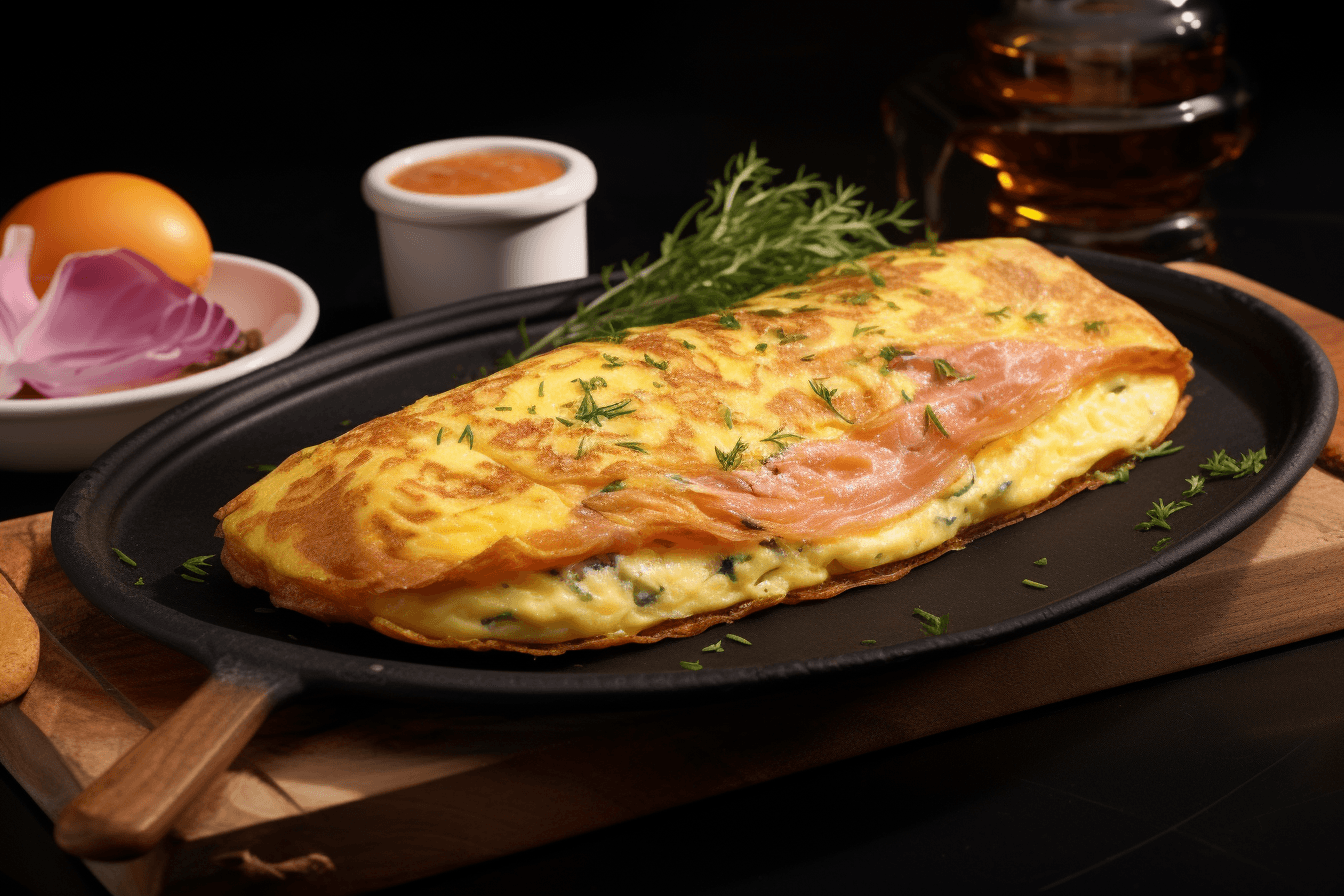 depicts a cooked recipe for lox omelette